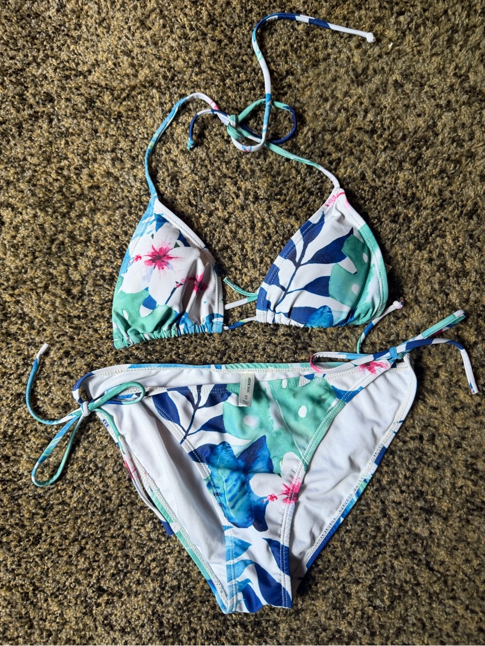 Ardene Floral Triangle String Bikini Set in Teal, Blue & White